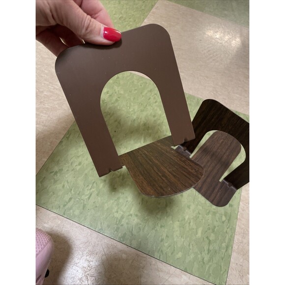 2 Vtg Mid Century Industrial Metal Book Ends Library School Steel 5” Wood Grain - Picture 2 of 4